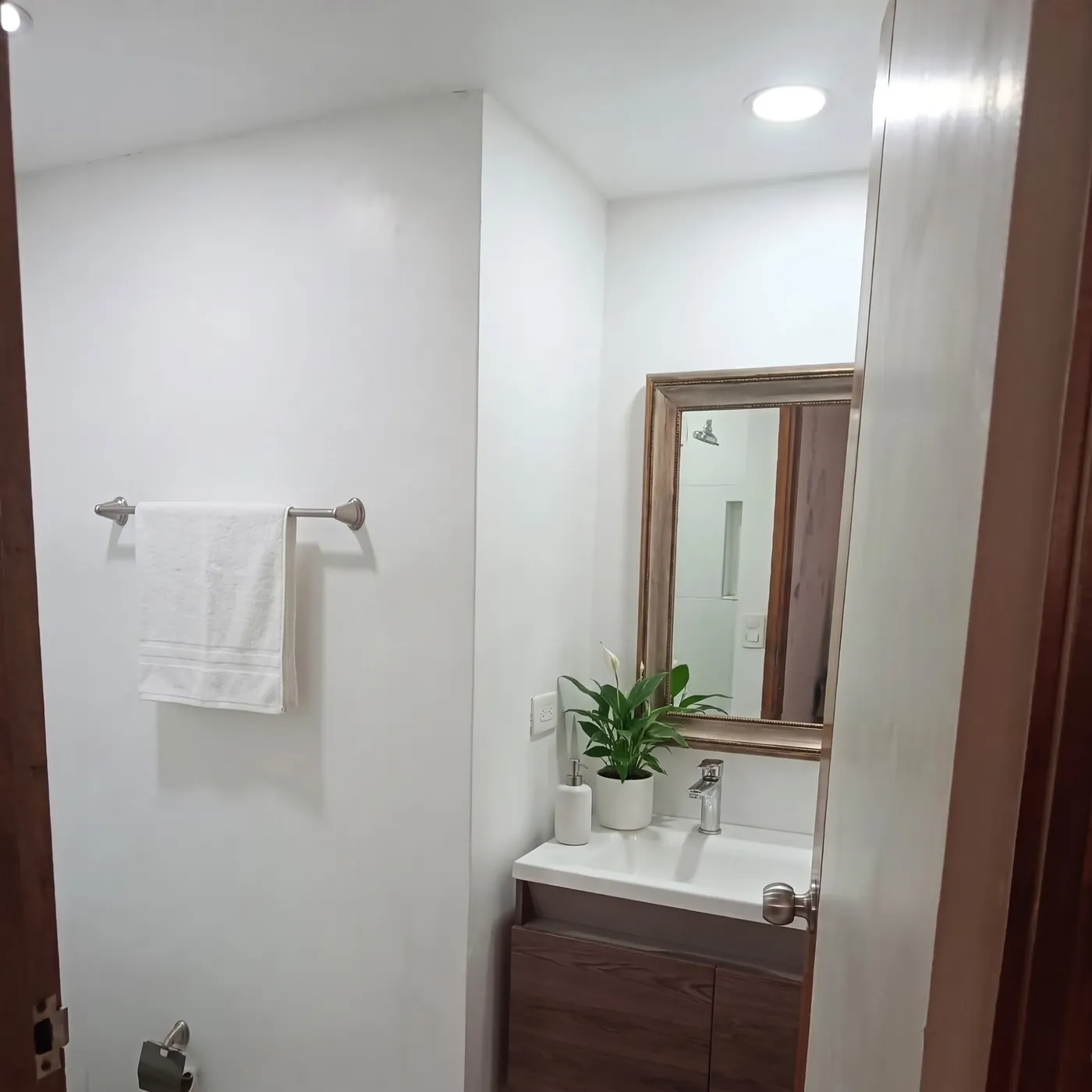 El mismo baño con una toalla, una planta y un dispensador agregados virtualmente.