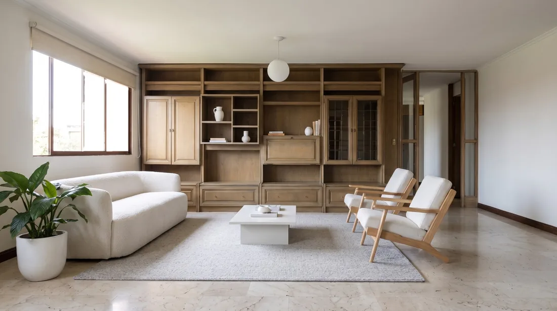 La misma sala, vista hacia la biblioteca de madera, con amoblamiento virtual: sofá blanco, dos sillones de madera clara y una alfombra gris.
