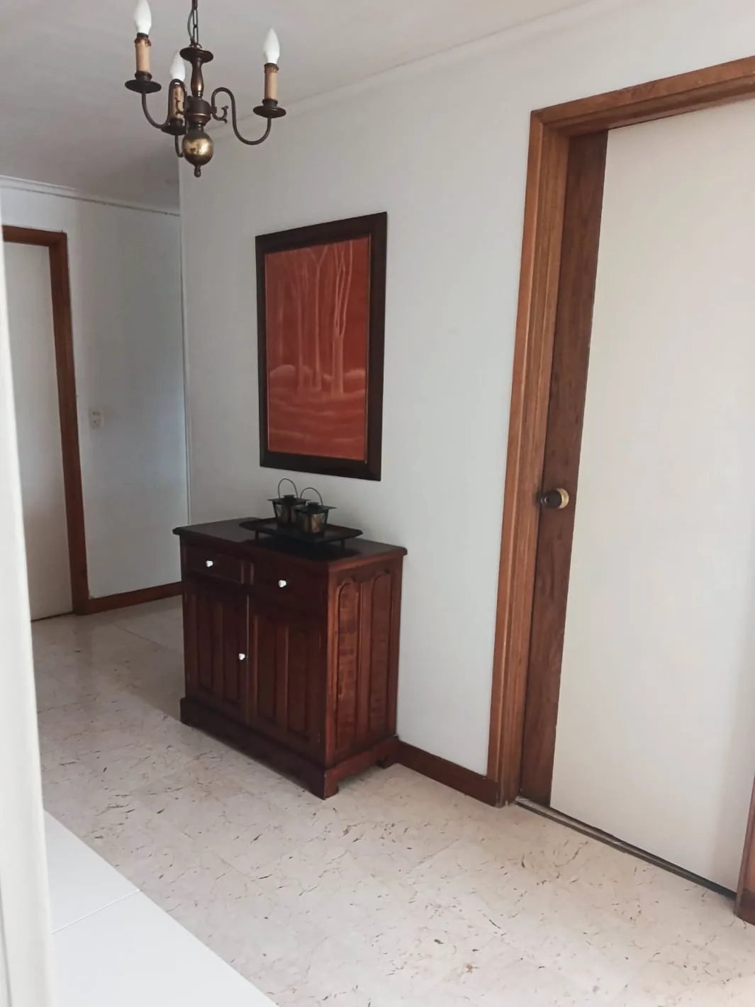 Recibidor con piso de mármol claro, marcos de madera, un cuadro sobre un mueble y una lámpara de techo.